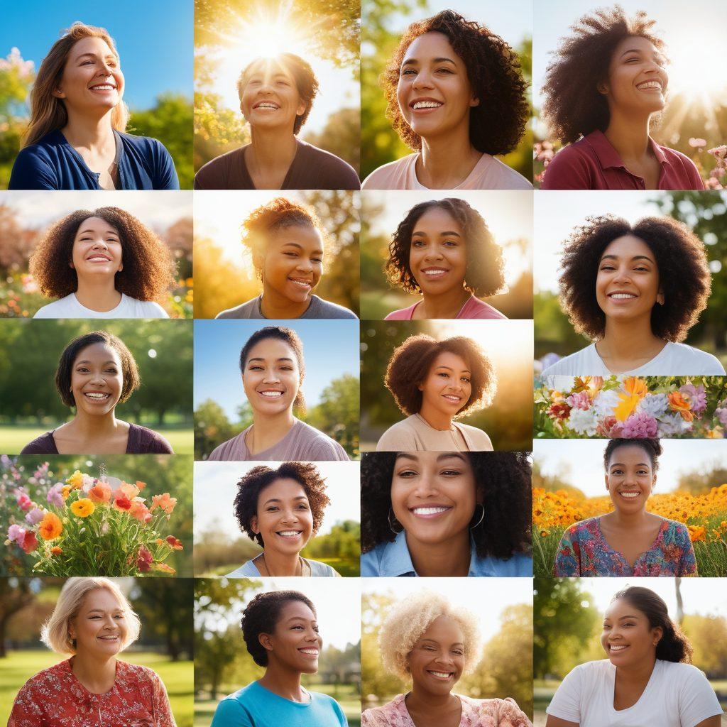 A collage of diverse individuals sharing their personal stories of overcoming illness, depicting expressions of hope, resilience, and joy in a sunlit park. Include elements like blooming flowers to symbolize healing, an open sky representing freedom, and warm, inviting colors to evoke a sense of community and support. super-realistic. vibrant colors. soft focus.