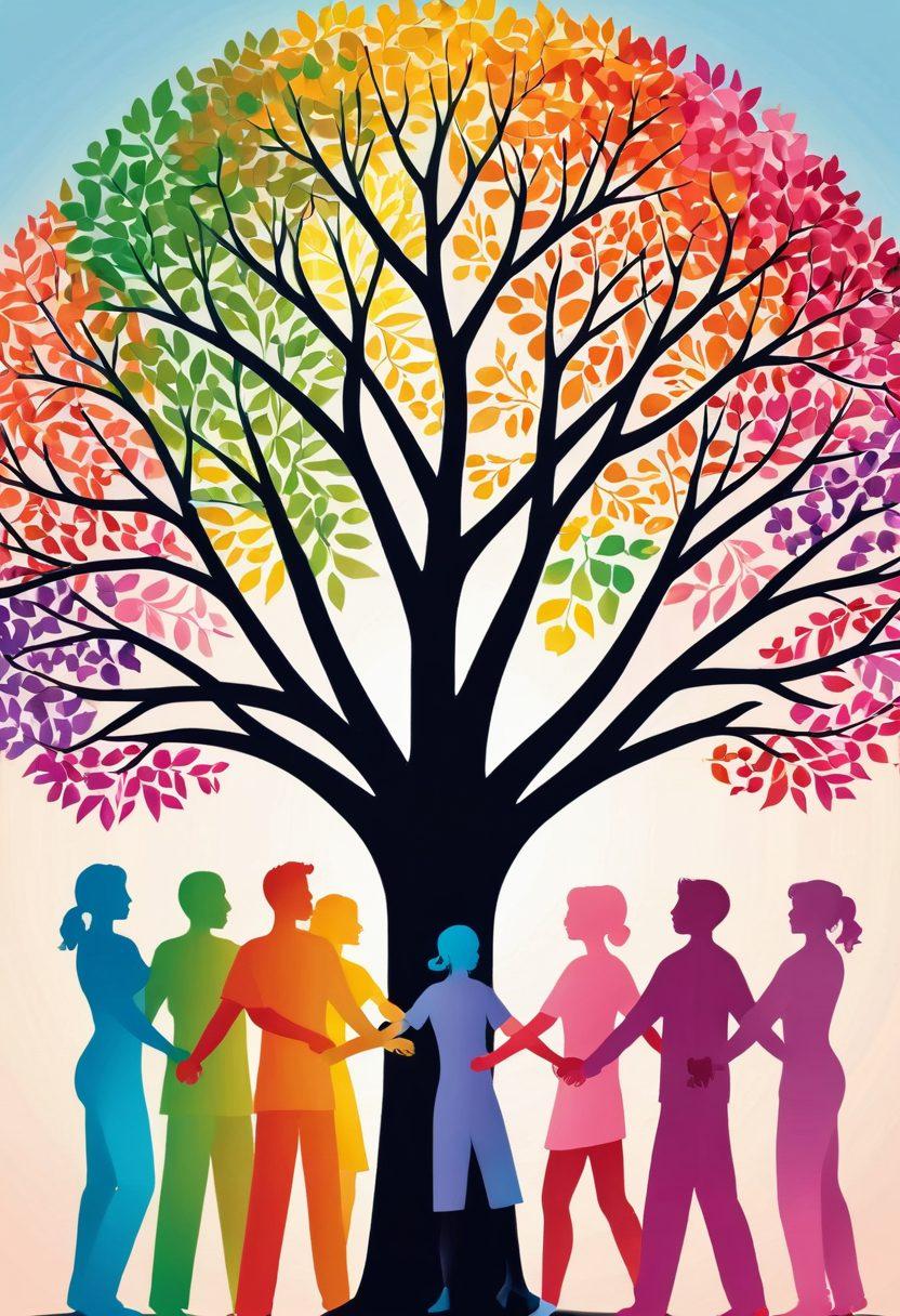 A powerful illustration of a diverse group of individuals holding hands, united in a circle with vibrant ribbons representing cancer awareness colors. In the background, a symbolic tree of hope with glowing leaves standing tall, surrounded by uplifting words like 'Advocacy', 'Support', and 'Community'. Soft, warm sunlight filtering through the scene symbolizes hope and resilience. super-realistic. vibrant colors. community-focused.